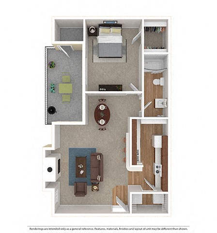 Floor plan for 1 bed, 1 bath, 648 sqft