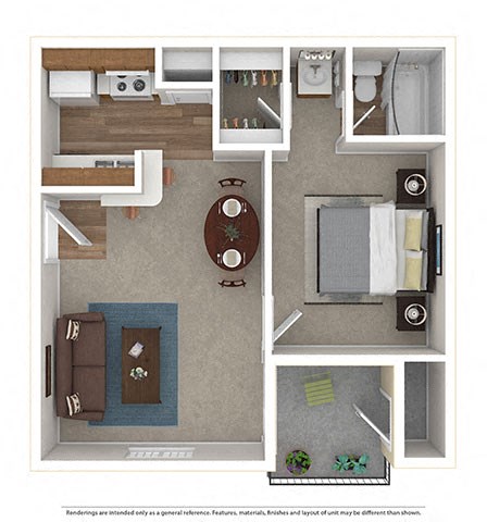 Floor plan for 1 bed, 1 bath, 532 sqft