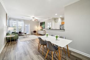 San Antonio apartment for rent - A dining room with a white table and chairs at The Atlantic Stone Oak Apartments, San Antonio