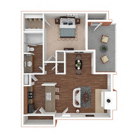 Floor plan for 1 bed, 1 bath, 667 sqft