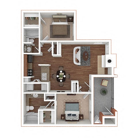 Floor plan for 2 beds, 2 baths, 956 sqft