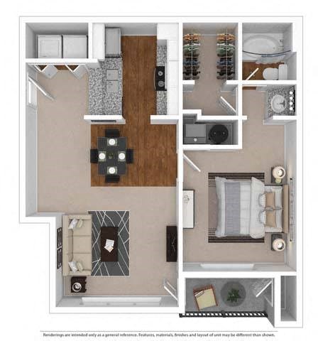 Floor plan for 1 bed, 1 bath, 672 sqft