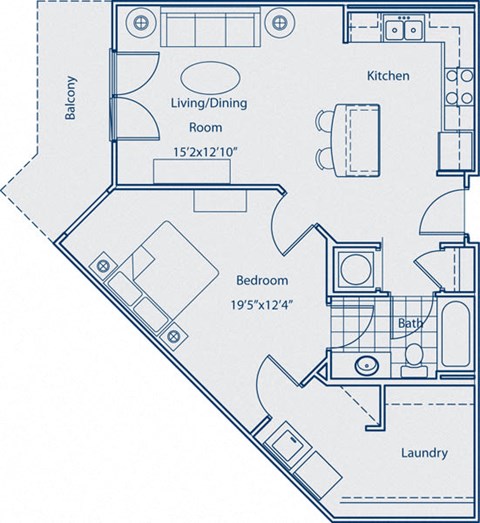 Floor plan for 1 bed, 1 bath, 760 sqft