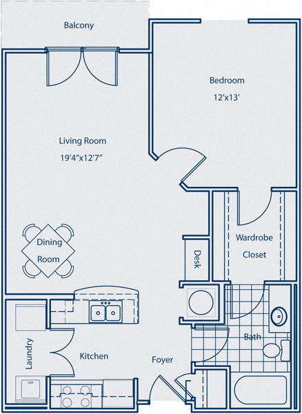 Floor plan for 1 bed, 1 bath, 849 sqft