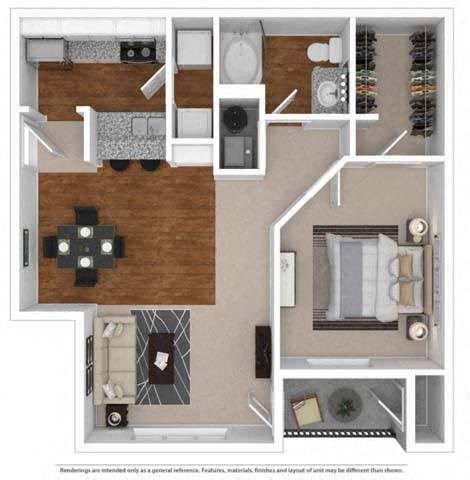 Floor plan for 1 bed, 1 bath, 733 sqft