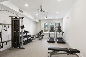 Decatur apartment for rent - Gym with weights and dumbbells at Arcadia Decatur, Decatur, Georgia.
