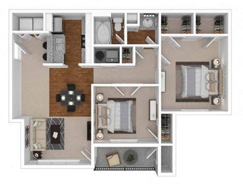 Floor plan for 2 beds, 1 bath, 889 sqft