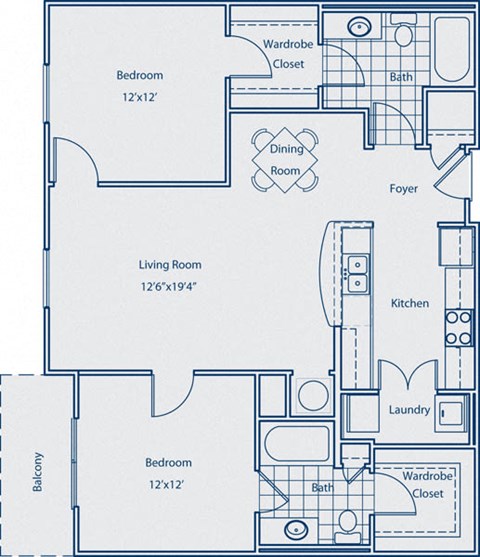 Floor plan for 2 beds, 2 baths, 1088 sqft