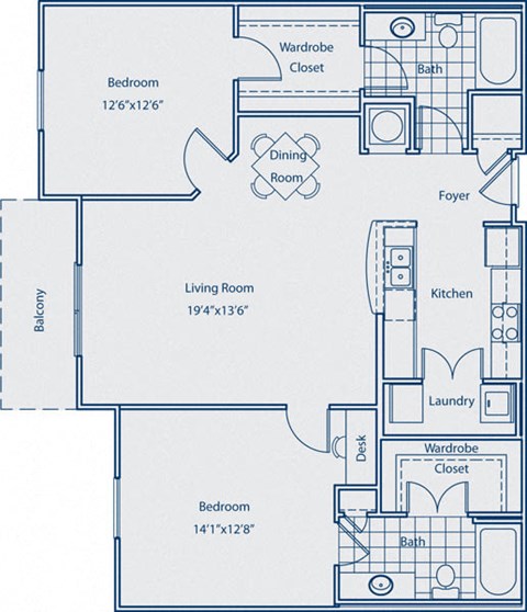 Floor plan for 2 beds, 2 baths, 1186 sqft