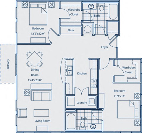 Floor plan for 2 beds, 2 baths, 1521 sqft