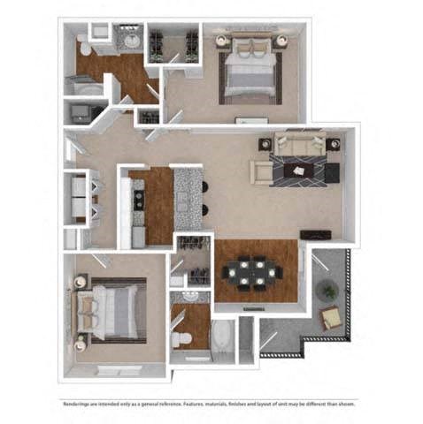 Floor plan for 2 beds, 2 baths, 1152 sqft