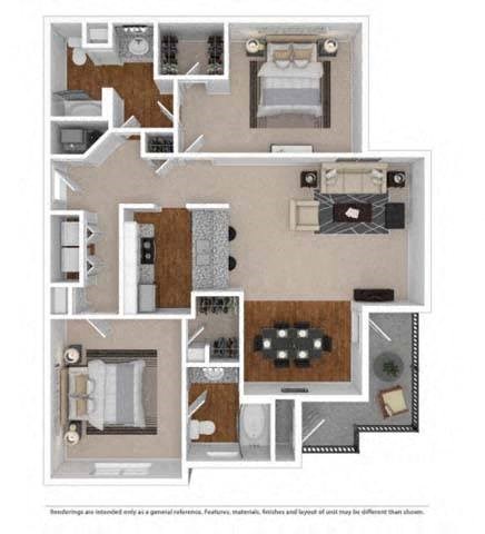 Floor plan for 2 beds, 2 baths, 1216 sqft