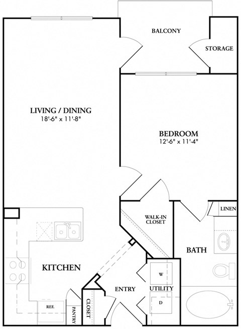 Floor plan for 1 bed, 1 bath, 690 sqft