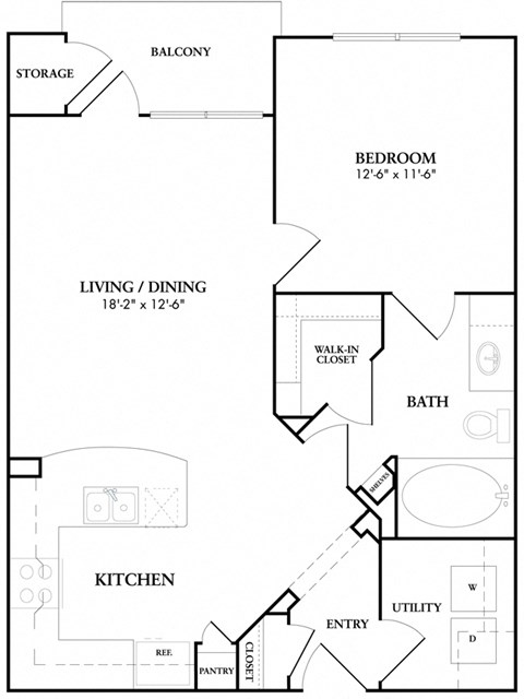 Floor plan for 1 bed, 1 bath, 696 sqft