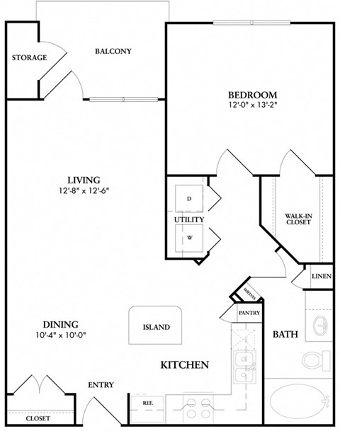 Floor plan for 1 bed, 1 bath, 748 sqft