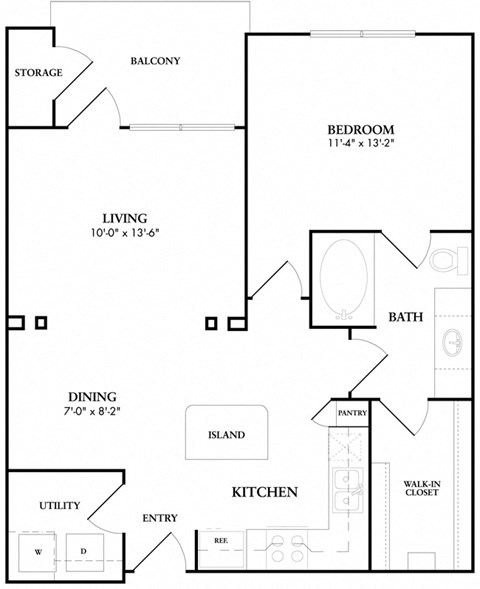 Floor plan for 1 bed, 1 bath, 767 sqft