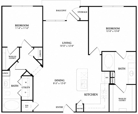 Floor plan for 2 beds, 2 baths, 1174 sqft