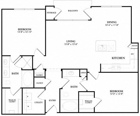 Floor plan for 2 beds, 2 baths, 1161 sqft
