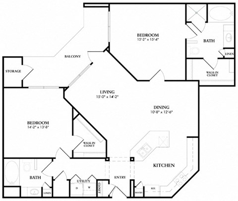 Floor plan for 2 beds, 2 baths, 1267 sqft