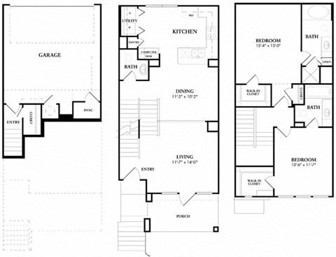 Floor plan for 2 beds, 2.5 baths, 1365 sqft