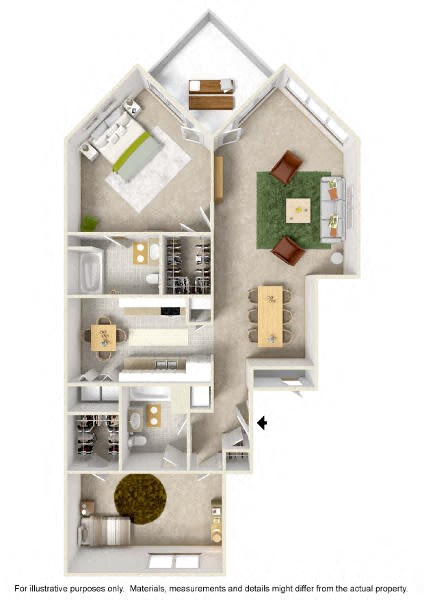 Floor plan for 2 beds, 2 baths, 1264 sqft