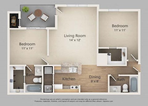 Floor plan for 2 beds, 2 baths, 988 sqft