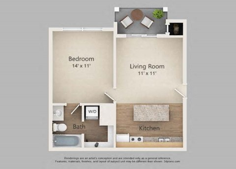 Floor plan for 1 bed, 1 bath, 555 sqft