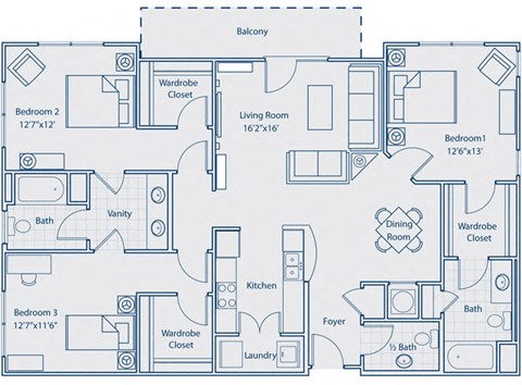Floor plan for 3 beds, 2.5 baths, 1553 sqft