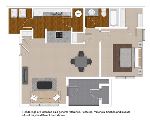 Floor plan for 1 bed, 1 bath, 743 sqft