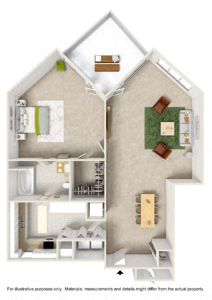 Floor plan for 1 bed, 1 bath, 931 sqft