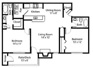 Floor plan for 2 beds, 2 baths, 1200 sqft