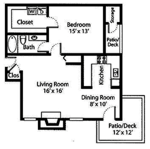 Floor plan for 1 bed, 1 bath, 983 sqft