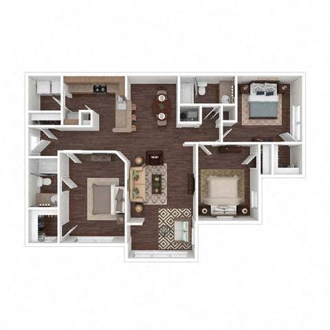 Floor plan for 3 beds, 2 baths, 1335 sqft