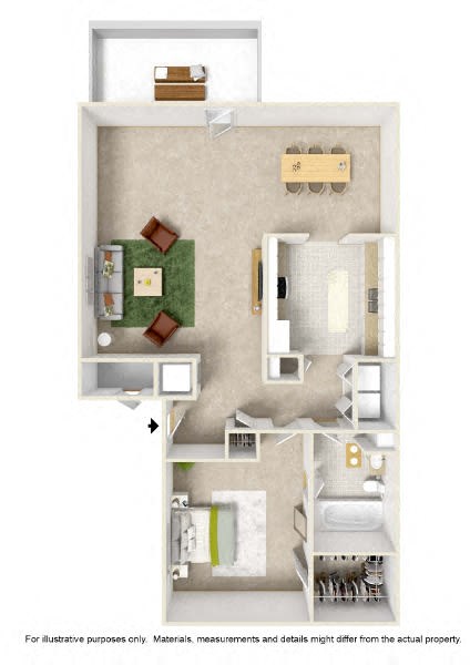 Floor plan for 1 bed, 1 bath, 861 sqft