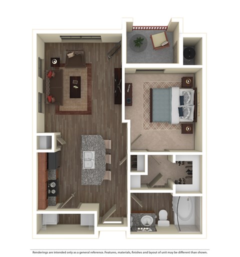 Floor plan for 1 bed, 1 bath, 628 sqft
