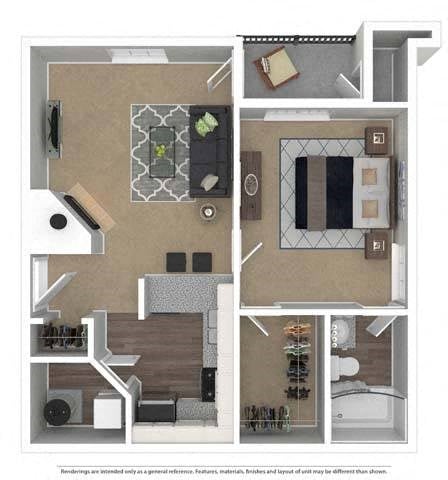 Floor plan for 1 bed, 1 bath, 600 sqft
