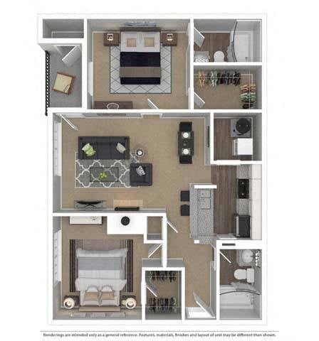 Floor plan for 2 beds, 2 baths, 960 sqft