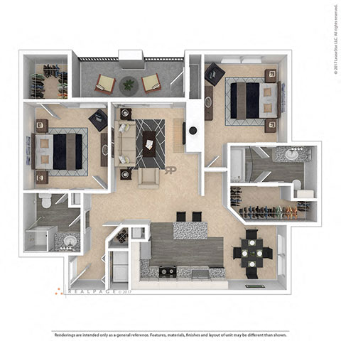 Floor plan for 2 beds, 2 baths, 1136 sqft