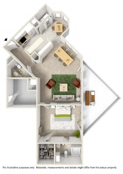 Floor plan for 1 bed, 1.5 baths, 865 sqft
