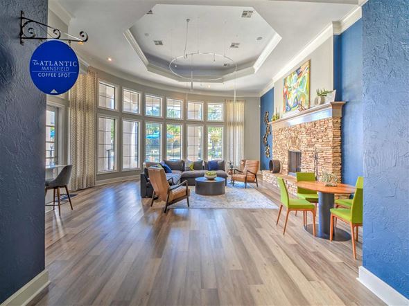 Mansfield apartment for rent - Resident Lounge with Media and Coffee Station. at The Atlantic Mansfield, Mansfield, TX, 76063