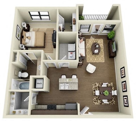 Floor plan for 1 bed, 1 bath, 882 sqft