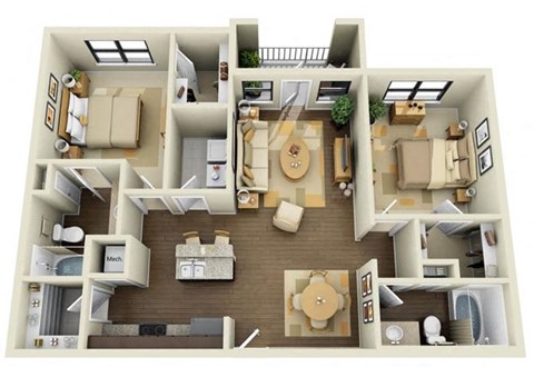 Floor plan for 2 beds, 2 baths, 1162 sqft