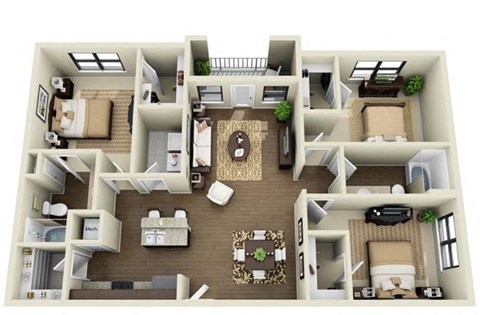 Floor plan for 3 beds, 2 baths, 1378 sqft