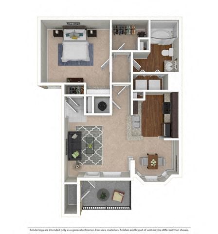 Floor plan for 1 bed, 1 bath, 689 sqft