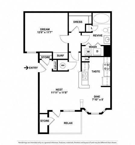Floor plan for 1 bed, 1 bath, 689 sqft