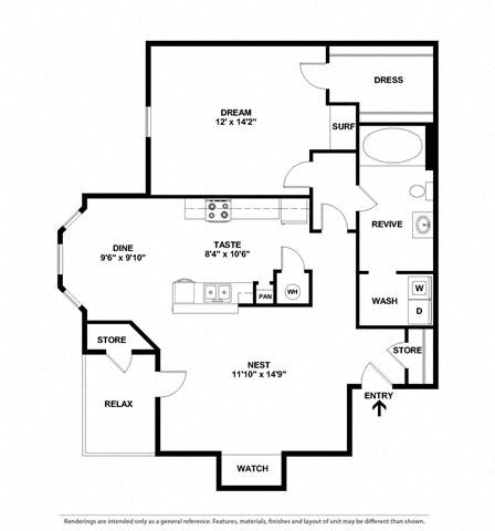 Floor plan for 1 bed, 1 bath, 806 sqft