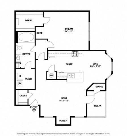 Floor plan for 1 bed, 1 bath, 818 sqft