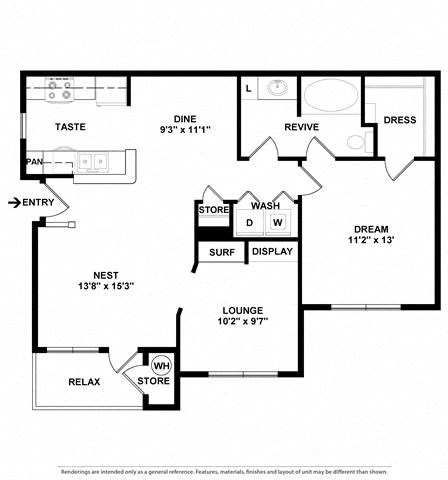 Floor plan for 1 bed, 1 bath, 842 sqft