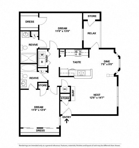 Floor plan for 2 beds, 2 baths, 988 sqft