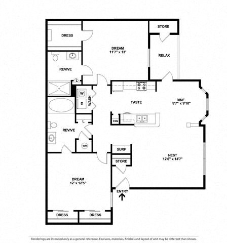Floor plan for 2 beds, 2 baths, 1040 sqft